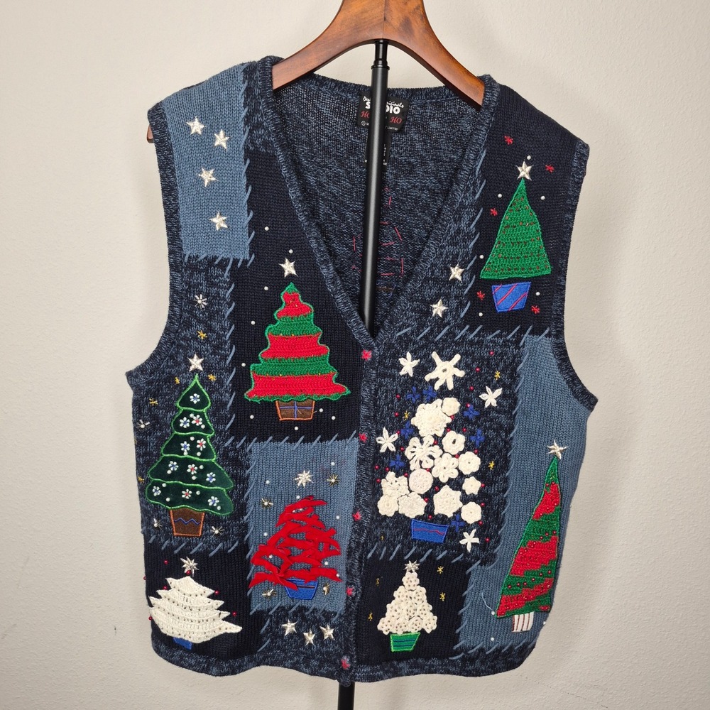 Designers Originals Studio Ho Ho Ho Christmas Tree Patchwork Sweater Vest Large